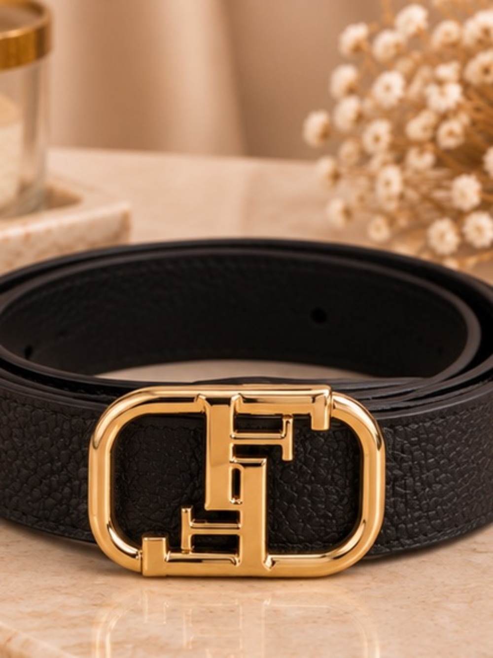 Designer Inspired Black Belt Gold Monogram Statement Buckle